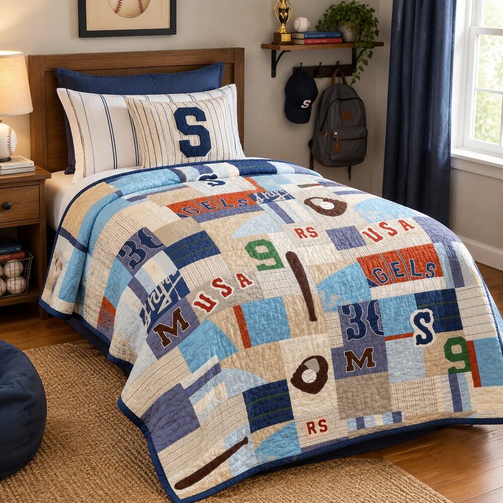 Vtg Patchwork Quilt Pottery Barn Kids Baseball Twin Comforter 90s Kids Bedroom